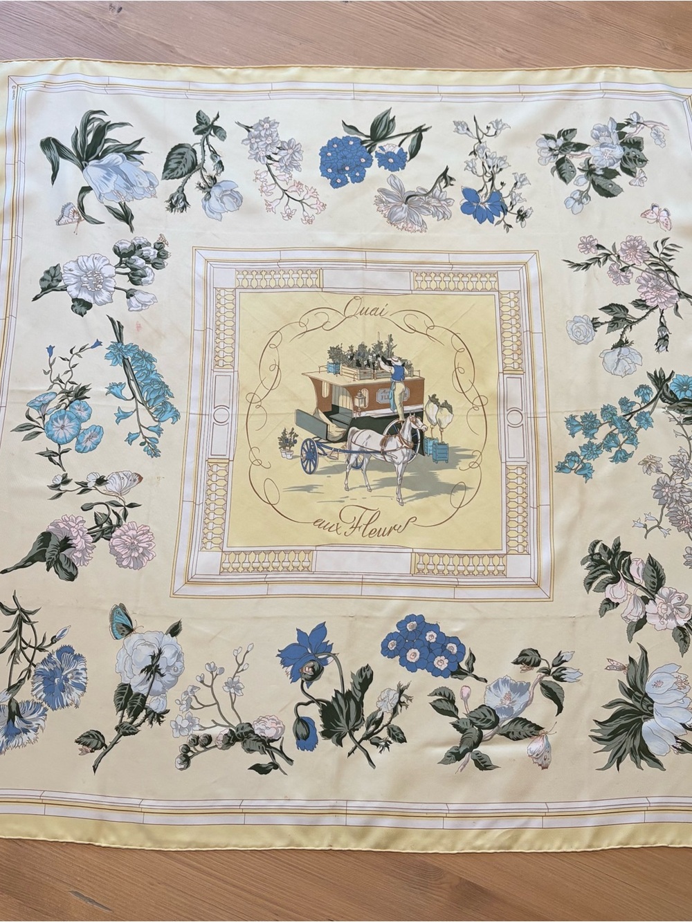 Authentic Hermes Yellow Floral Silk Scarf with Blue and Pink Accents